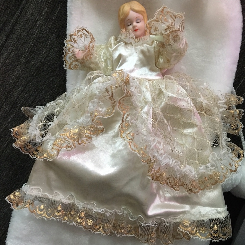 Elegant Porcelain Doll in Cream and Gold Dress